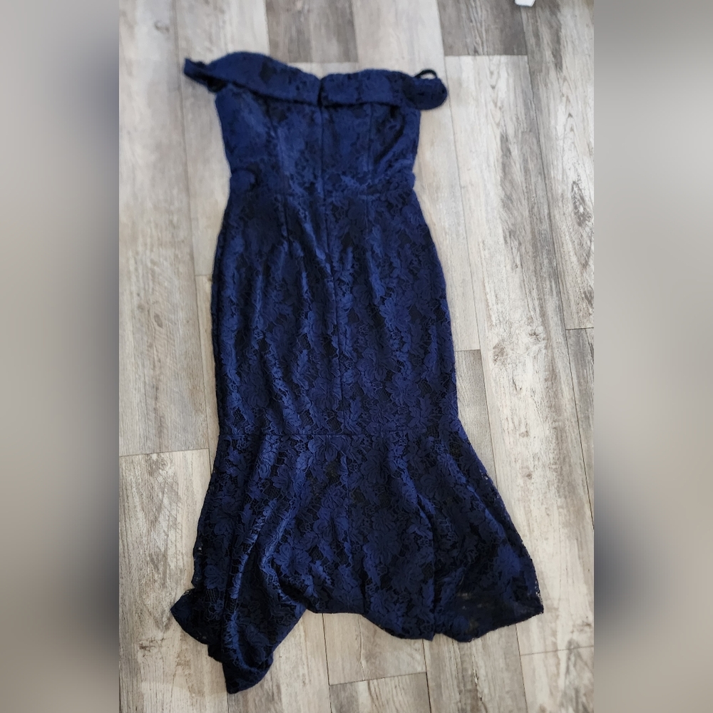 Xscape Off-the-Shoulder High Low Floral Flouce Lace Dress- Navy Blue - Picture 9 of 12
